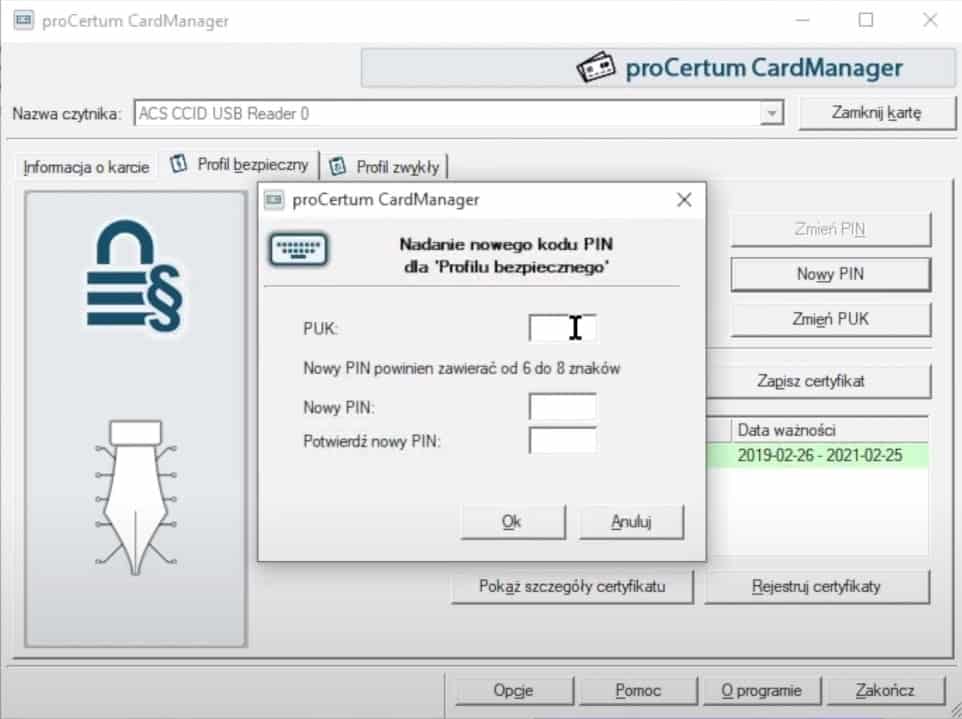 Nadawanie nowego PIN-u z kodem PUK