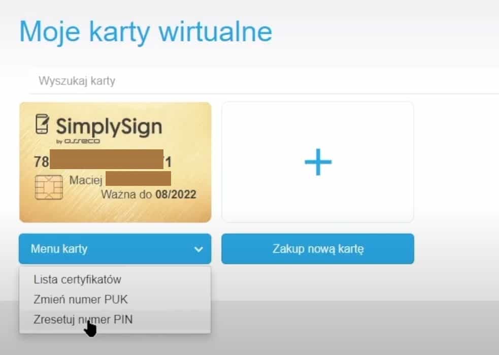 Menu karty — opcja resetu PIN