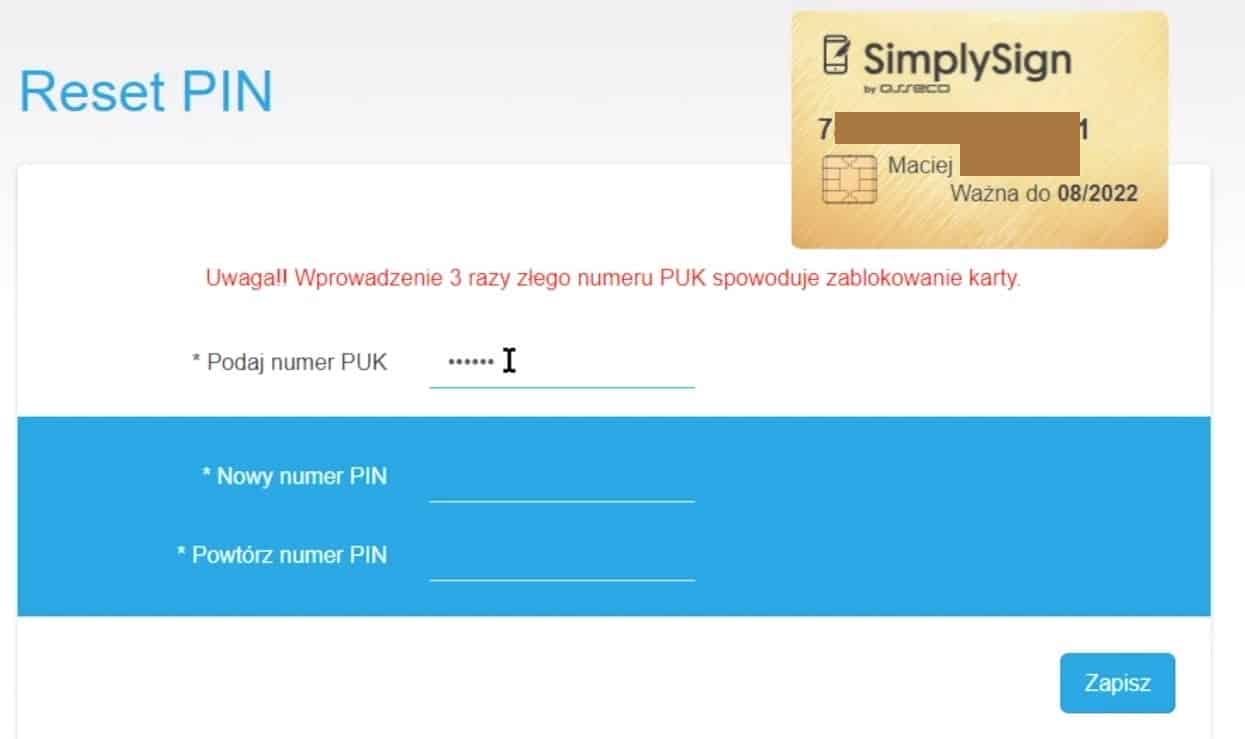 Formularz resetu PIN z kodem PUK