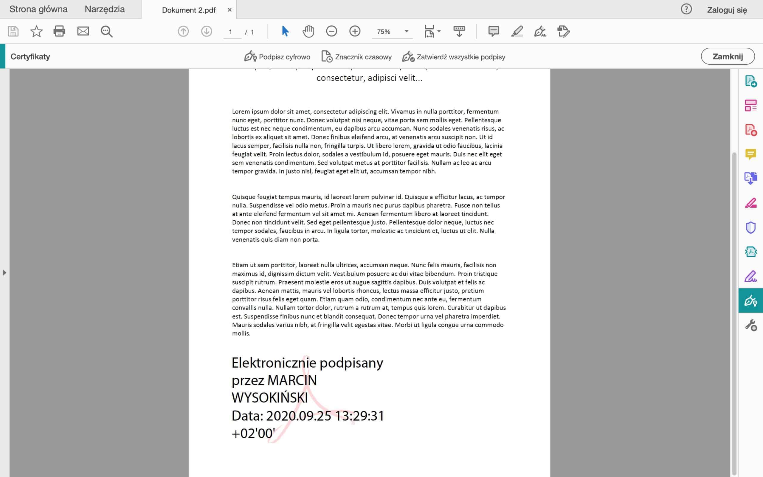 Podpis elektroniczny w Adobe Reader — widok certyfikatu