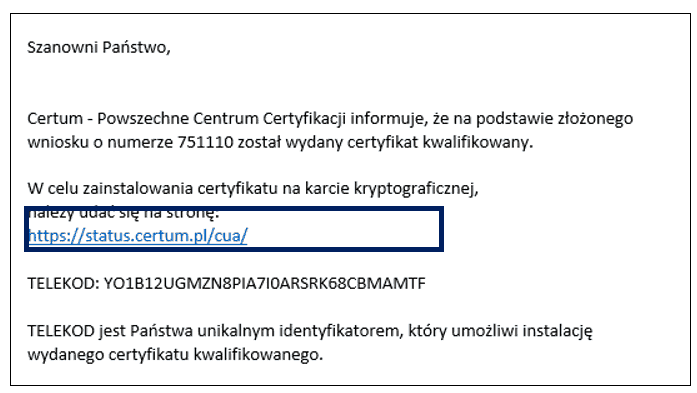 E-mail z telekodem od Certum