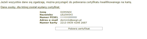 Dane certyfikatu z numerem karty