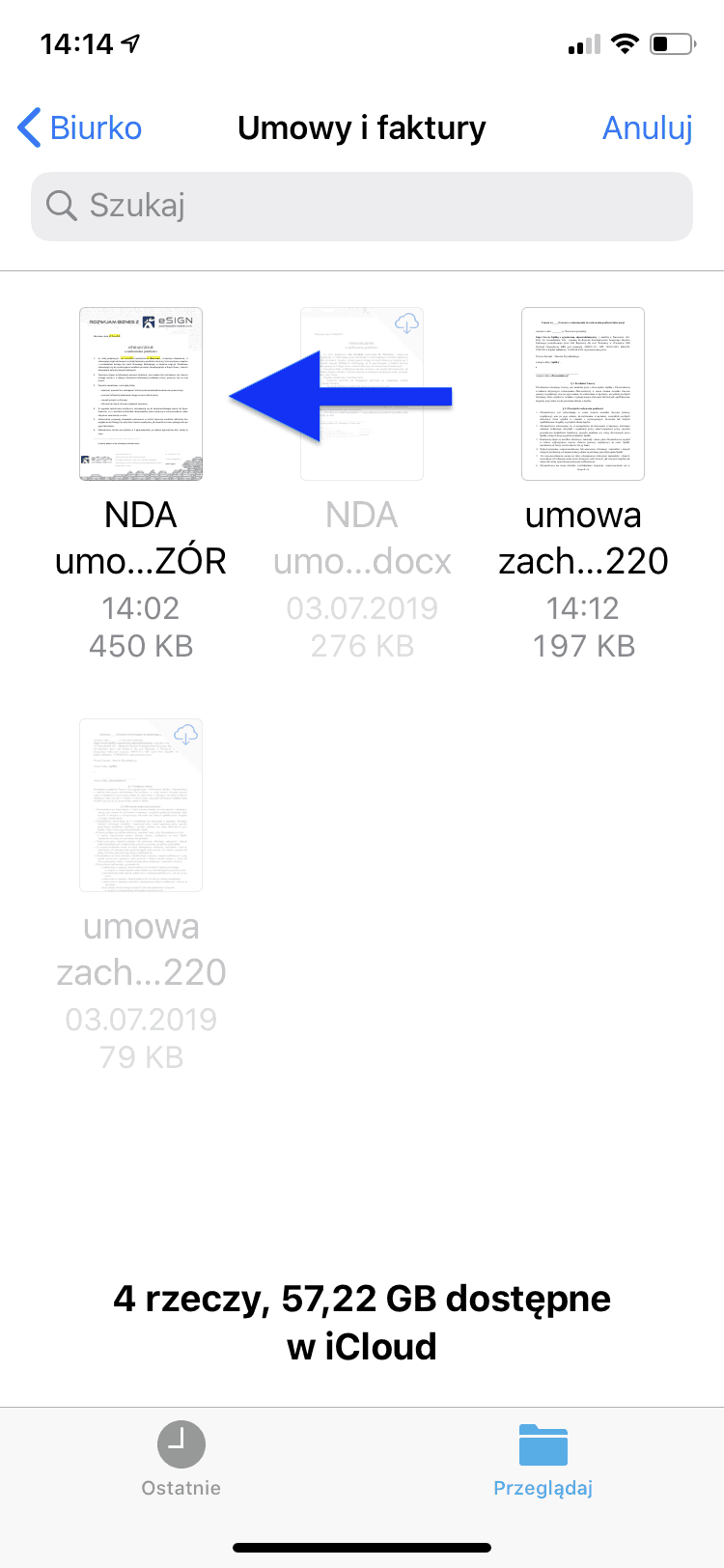 Wybór dokumentu do podpisania
