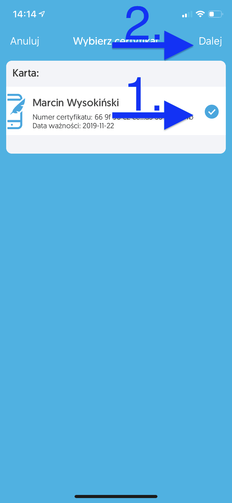 Wybór podpisu i wpisanie PIN-u