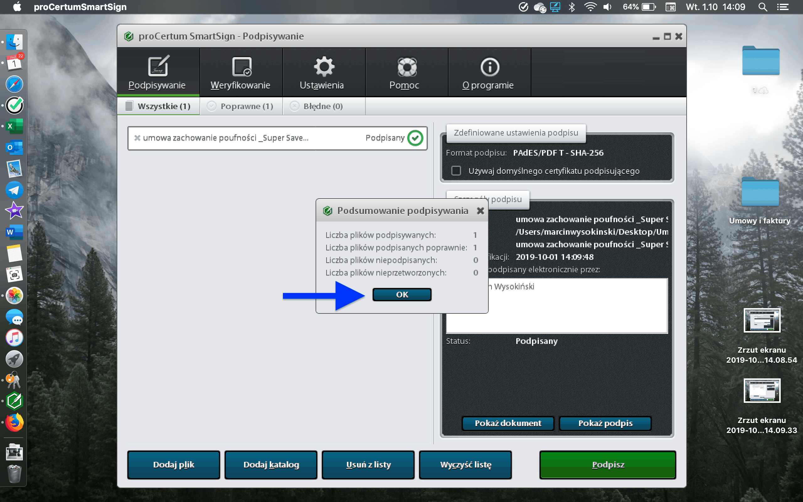 Komunikat o poprawnym podpisaniu dokumentu